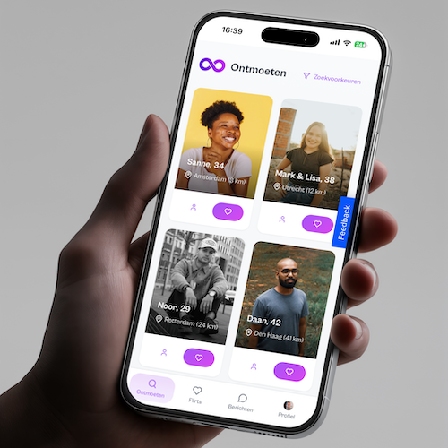 Open Love app interface op een smartphone